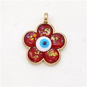 Copper Flower Pendant Pave Red Fire Opal Eye Gold Plated, approx 15mm