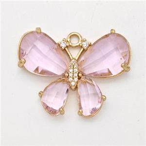 Pink Crystal Glass Copper Butterfly Pendant Pave Zirconia Gold Plated, approx 21-30mm