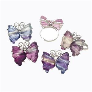 Multicolor Fluorite Butterfly Rings Copper Platinum Plated Mixed, approx 22-27mm, 18mm dia