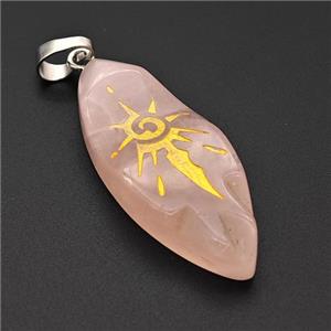 Natural Pink Rose Quartz Leaf Pendant Sun Golden Painted, approx 15-40mm