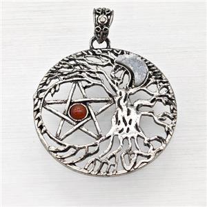 Alloy Tree Of Life Pendant Pave White Druzy Moon Red Agate Star Antique Silver, approx 40mm