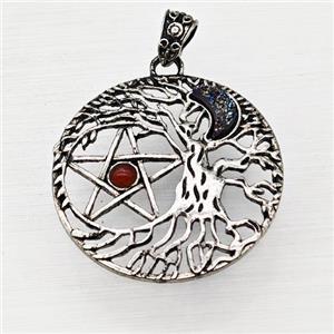 Alloy Tree Of Life Pendant Pave Druzy Moon Red Agate Star Antique Silver, approx 40mm