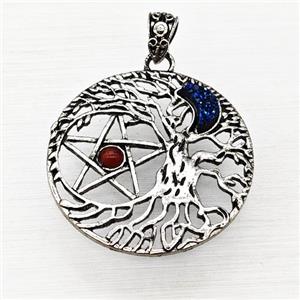 Alloy Tree Of Life Pendant Pave Blue Druzy Moon Red Agate Star Antique Silver, approx 40mm