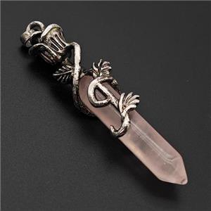 Natural Pink Rose Quartz Prism Pendant Alloy Bine Antique Silver, approx 8-40mm, 55mm