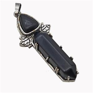 Natural Black Obsidian Prism Pendant Alloy Leaf Antique Silver, approx 8-33mm, 48mm