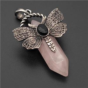 Natural Pink Rose Quartz Prism Pendant Alloy Butterfly Antique Silver, approx 12mm, 35-50mm