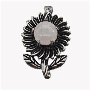 Alloy Sunflower Pendant Pave Pink Rose Quartz Antique Silver, approx 10mm, 20-35mm