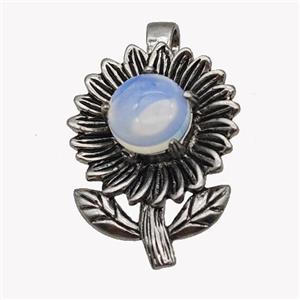 Alloy Sunflower Pendant Pave Opalite Antique Silver, approx 10mm, 20-35mm