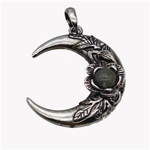 Alloy Moon Pendant Pave Indian Agate Antique Silver, approx 35-40mm