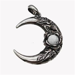 Alloy Moon Pendant Pave White Howlite Antique Silver, approx 35-40mm