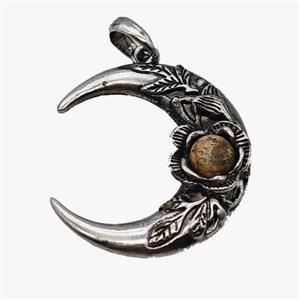 Alloy Moon Pendant Pave Picture Jasper Antique Silver, approx 35-40mm