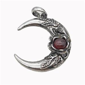 Alloy Moon Pendant Pave Red Agate Antique Silver, approx 35-40mm