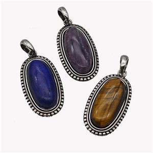 Alloy Oval Pendant Pave Gemstone Antique Silver Mixed, approx 13-30mm, 25-35mm