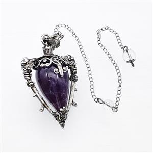 Purple Amethyst Alloy Pendulum Pendant With Chain Antique Silver, approx 35-50mm, 8mm, 20cm length