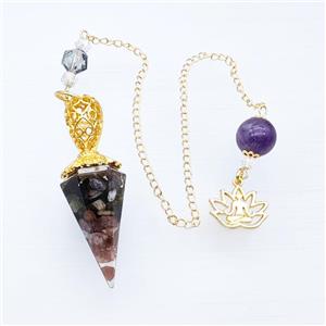 Multicolor Tourmaline Chips Resin Pendulum Pendant With Chain Lotus Gold Plated, approx 18-55mm, 14-18mm, 12mm, 20cm length