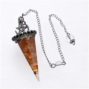 Natural Red Carnelian Agate Chips Resin Pendulum Pendant With Chain Antique Silver, approx 24-55mm, 8mm, 20cm length