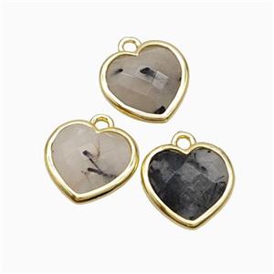 Natural Black Rutilated Quartz Heart Pendant Faceted Gold Plated, approx 10mm