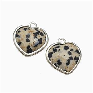 Natural Black Dalmatian Jasper Heart Pendant Faceted Platinum Plated, approx 12mm