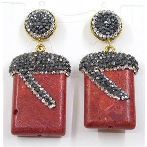 red coral earring paved rhinestone, rectangle, approx 20x30mm