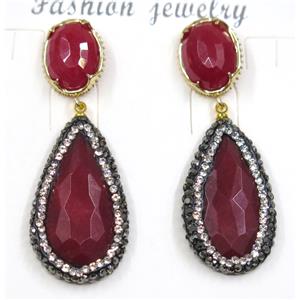 red jade earring pave rhinestone, teardrop, approx 18-33mm, 12-16mm