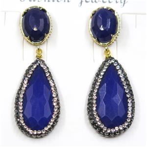 blue jade earring pave rhinestone, teardrop, approx 18-33mm, 12-16mm