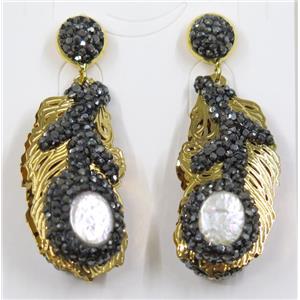 white freshwater Pearl earring pave rhinestone, alloy, gold plated, approx 20-40mm