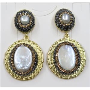 white freshwater Pearl earring pave rhinestone, alloy, gold plated, approx 24-26mm, 13-16mm