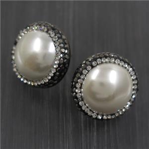 white pearlized Shell earring paved rhinestone, approx 20mm dia