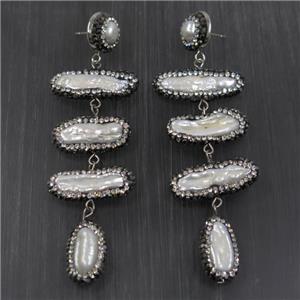 freshwater Pearl Earring paved rhinestone, approx 10-25mm, 70mm length