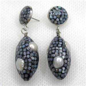 white Pearl Earrings paved abalone shell, oval, approx 13mm, 15-30mm