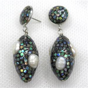 white Pearl Earrings paved abalone shell, oval, approx 13mm, 15-30mm