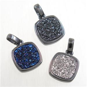 mix color Druzy Agate pendant, square, black plated, approx 11x11mm