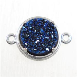 blue Druzy Agate connector, flat-round, platinum plated, approx 12mm dia