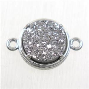 silver Druzy Agate connector, flat-round, platinum plated, approx 12mm dia