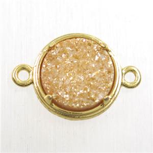 golden champagne Druzy Agate connector, flat-round, gold plated, approx 12mm dia