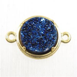 blue Druzy Agate connector, flat-round, gold plated, approx 12mm dia