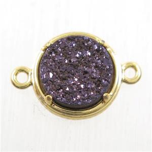 coffee Druzy Agate connector, flat-round, gold plated, approx 12mm dia