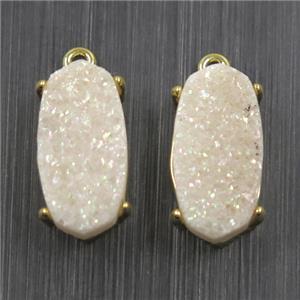 white AB-color Druzy Agate oval connector, gold plated, approx 7x14mm