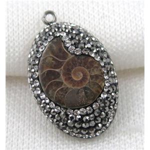 Ammonite Fossil pendant paved rhinestone, oval, approx 20-30mm