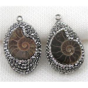 Ammonite Fossil pendant paved rhinestone, mix shape, approx 20-30mm