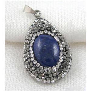 Lapis Lazuli pendant paved rhinestone, teardrop, approx 20x30mm