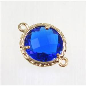 blue Chinese Crystal Glass connector, coin round, gold plated, approx 12mm dia