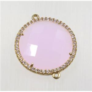 pink crystal glass connector pave zircon, faceted flat round, gold plated, approx 25mm dia