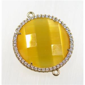 golden cats eye stone connector pave zircon, faceted flat round, gold plated, approx 25mm dia