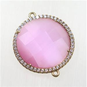 pink cats eye stone connector pave zircon, faceted flat round, gold plated, approx 25mm dia