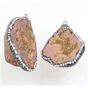 champagne Druzy Agate pendant pave rhinestone, freeform, approx 20-40mm