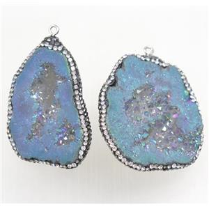 gray-blue Druzy Agate pendant pave rhinestone, freeform, approx 20-40mm