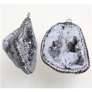 silver Druzy Agate pendant pave rhinestone, freeform, approx 20-40mm