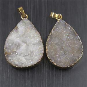 white AB-color Druzy Quartz pendant, teardrop, gold plated, approx 25-35mm