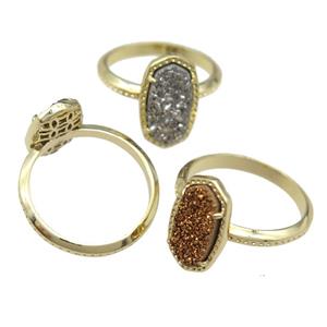 copper Rings with Quartz Druzy, mixed, gold plated, approx 7-14mm, 18mm dia